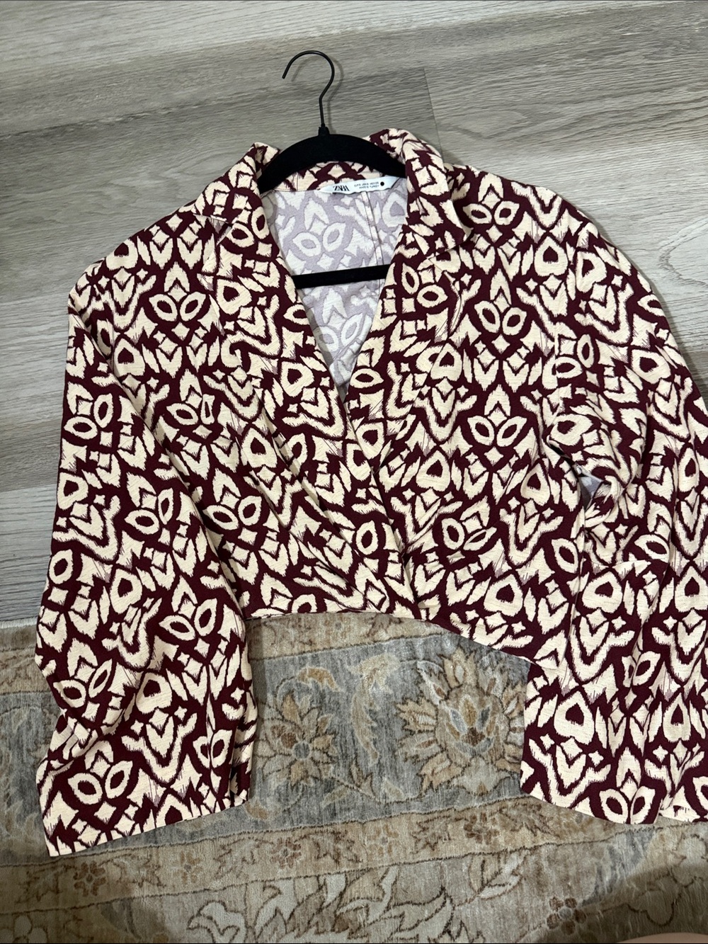 Zara Burgundy and Cream Cropped Patterned Blazer